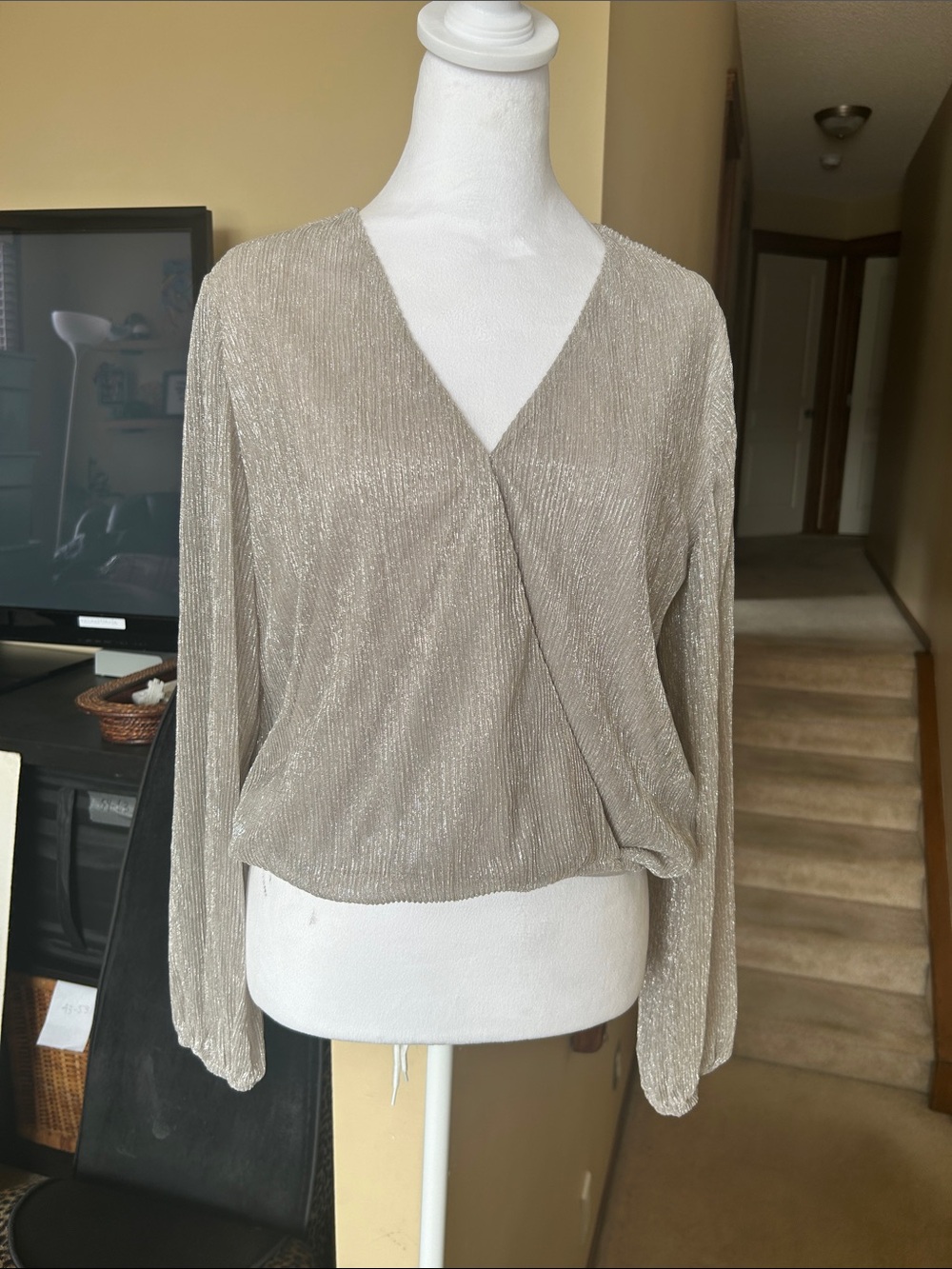 Shimmery Taupe Wrap-Front Long Sleeve Top with Elastic cuff and waistband.